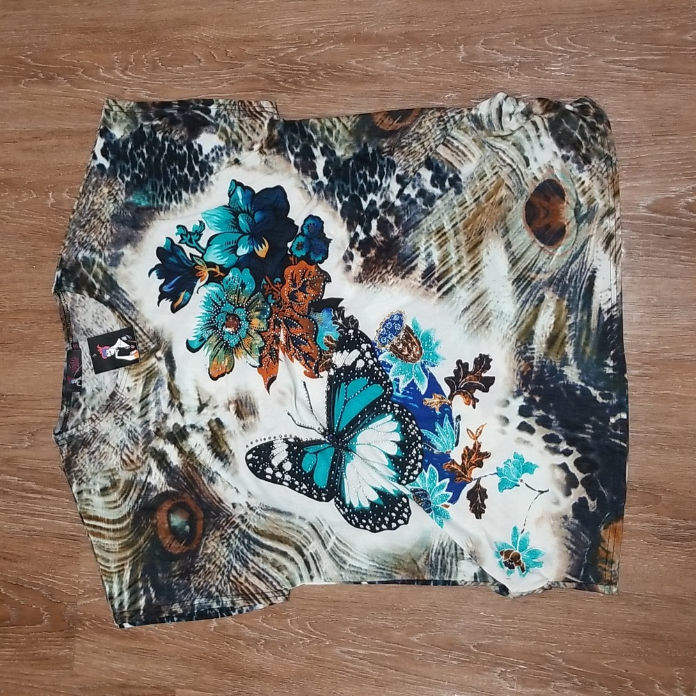 (OS) NWT Mòdel France Floral Art Deco Embellished Bejeweled Loose Fit Top